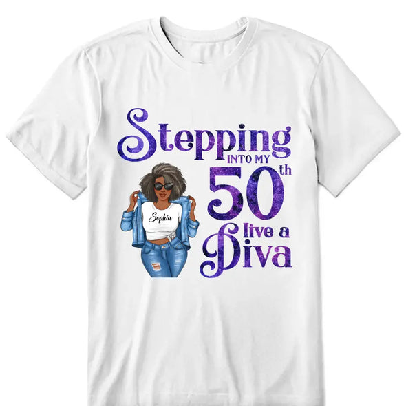 Stepping Into My 50th Birthday Like A Diva, Custom Birthday Shirts, Turning 50 Shirt