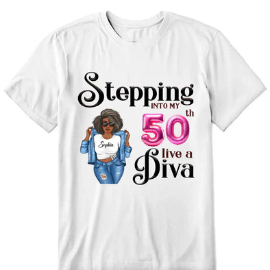 Custom 50th Birthday Shirt For Women, 50 Years Old Birthday Shirt, Personalized Birthday Gift, Stepping Into My 50th Birthday Like A Diva