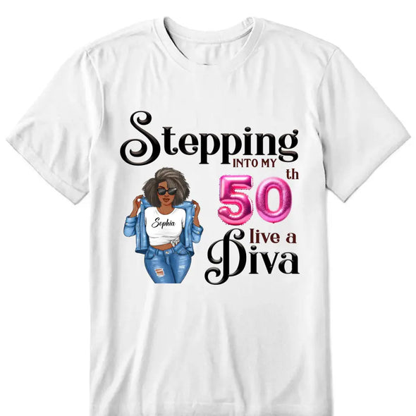 Custom 50th Birthday Shirt For Women, 50 Years Old Birthday Shirt, Personalized Birthday Gift, Stepping Into My 50th Birthday Like A Diva