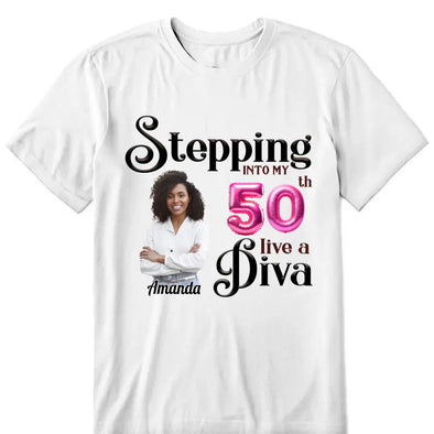 Custom 50th Birthday shirt, Stepping into my 50th birthday live a Diva Shirt, Birthday Shirt, Birthday Queen Shirt