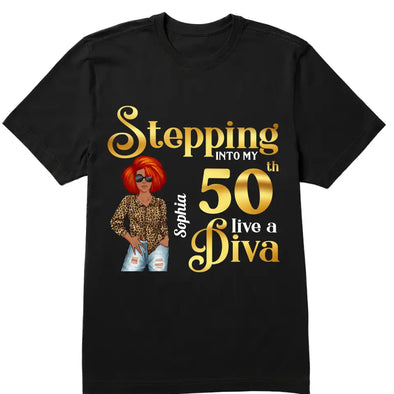 Custom 50th Birthday Shirt For Women, 50 Years Old Birthday Shirt, Stepping into my 50th birthday live a Diva Shirt, 50th Birthday shirt, Birthday Shirt, Birthday Queen Shirt