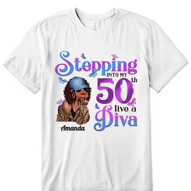Personalized Birthday Gift, Stepping into my 50th birthday live a Diva Shirt, 50th Birthday shirt, This Queen Makes 50 Look Fabulous, Birthday Girl, 50 Birthday Women