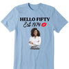 Vintage Customized Hello Fitty Shirt, Custom Birthday Shirt, Stepping Into 50 Like A Boss, 50th Birthday Shirt Ideas, 50th Birthday Shirts, 50th Birthday Shirt Ideas For Her