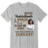 Never Underestimate A Woman Who Is Covered By The Blood Of Jesus And Was Born In Shirt, Birthday Month Shirt, Custom Month of Women Birthday Shirt, 50th birthday shirt