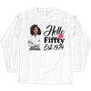 Vintage Customized Hello Fitty Shirt, Custom Birthday Shirt, Stepping Into 50 Like A Boss, 50th Birthday Shirt Ideas, 50th Birthday Shirts, 50th Birthday Shirt Ideas For Her