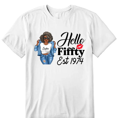 Vintage Customized Hello Fitty Shirt, Custom Birthday Shirt, Stepping Into 50 Like A Boss, 50th Birthday Shirt Ideas, 50th Birthday Shirts, 50th Birthday Shirt Ideas For Her