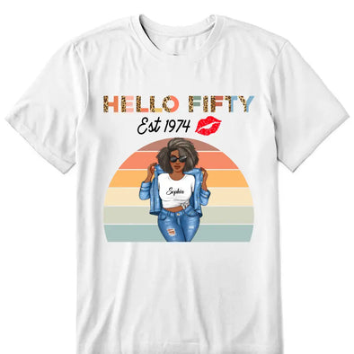 Vintage Customized Hello Fitty Shirt, Custom Birthday Shirt, Stepping Into 50 Like A Boss, 50th Birthday Shirt Ideas, 50th Birthday Shirts, 50th Birthday Shirt Ideas For Her