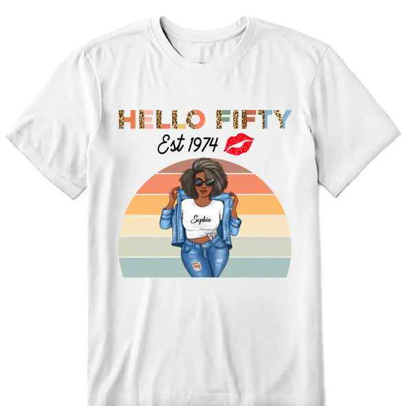 Vintage Customized Hello Fitty Shirt, Custom Birthday Shirt, Stepping Into 50 Like A Boss, 50th Birthday Shirt Ideas, 50th Birthday Shirts, 50th Birthday Shirt Ideas For Her