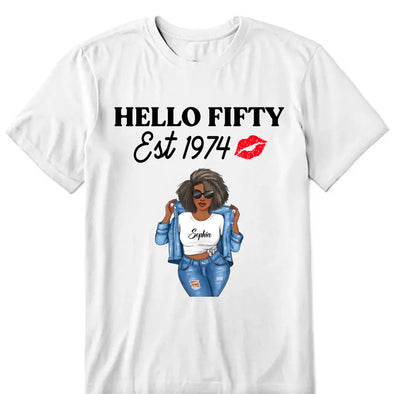 Vintage Customized Hello Fitty Shirt, Custom Birthday Shirt, Stepping Into 50 Like A Boss, 50th Birthday Shirt Ideas, 50th Birthday Shirts, 50th Birthday Shirt Ideas For Her