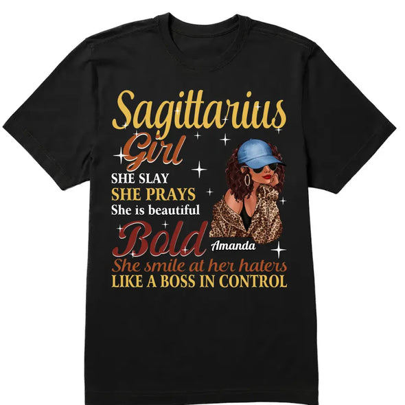 Personalized Custom Birthday Month Shirt, Name and Age Birthday Shirt, Custom Birthday Women Shirt, She Slay She Prays She Is Beautiful Bold She Smile At Her Haters Like A Boss In Control Shirt