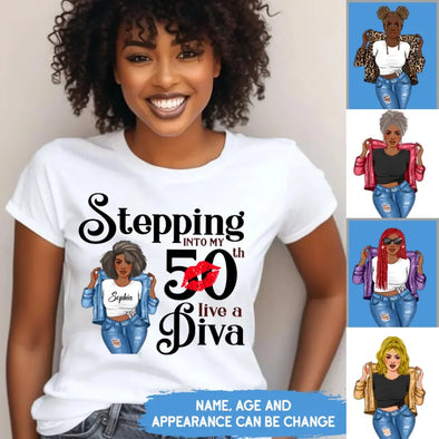 Stepping Into My 50th Birthday Like A Diva, Custom Birthday Shirts, Turning 50 Shirt