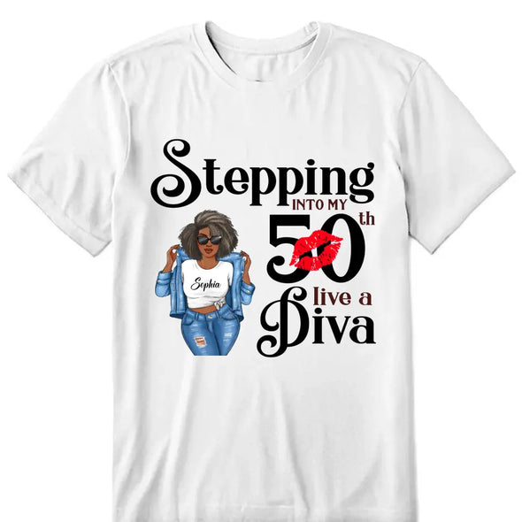 Stepping Into My 50th Birthday Like A Diva, Custom Birthday Shirts, Turning 50 Shirt