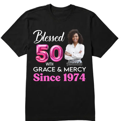 Blessed Grace and Mercy Since 1974 Shirt, Custom Photo Shirt, 50th Birthday Shirt Ideas For Her