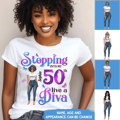 Custom 50th Birthday Shirt, Stepping Into My 50th Birthday Live A Diva Shirt, Custom 50th Birthday Shirt For Women, 50 Years Old Birthday Shirt, Personalized Birthday Gift, Birthday Girl, 50 Birthday Women