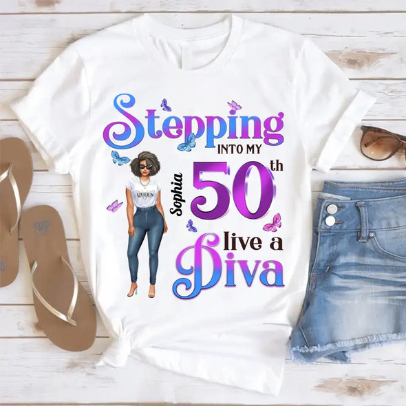 Custom 50th Birthday Shirt, Stepping Into My 50th Birthday Live A Diva Shirt, Custom 50th Birthday Shirt For Women, 50 Years Old Birthday Shirt, Personalized Birthday Gift, Birthday Girl, 50 Birthday Women